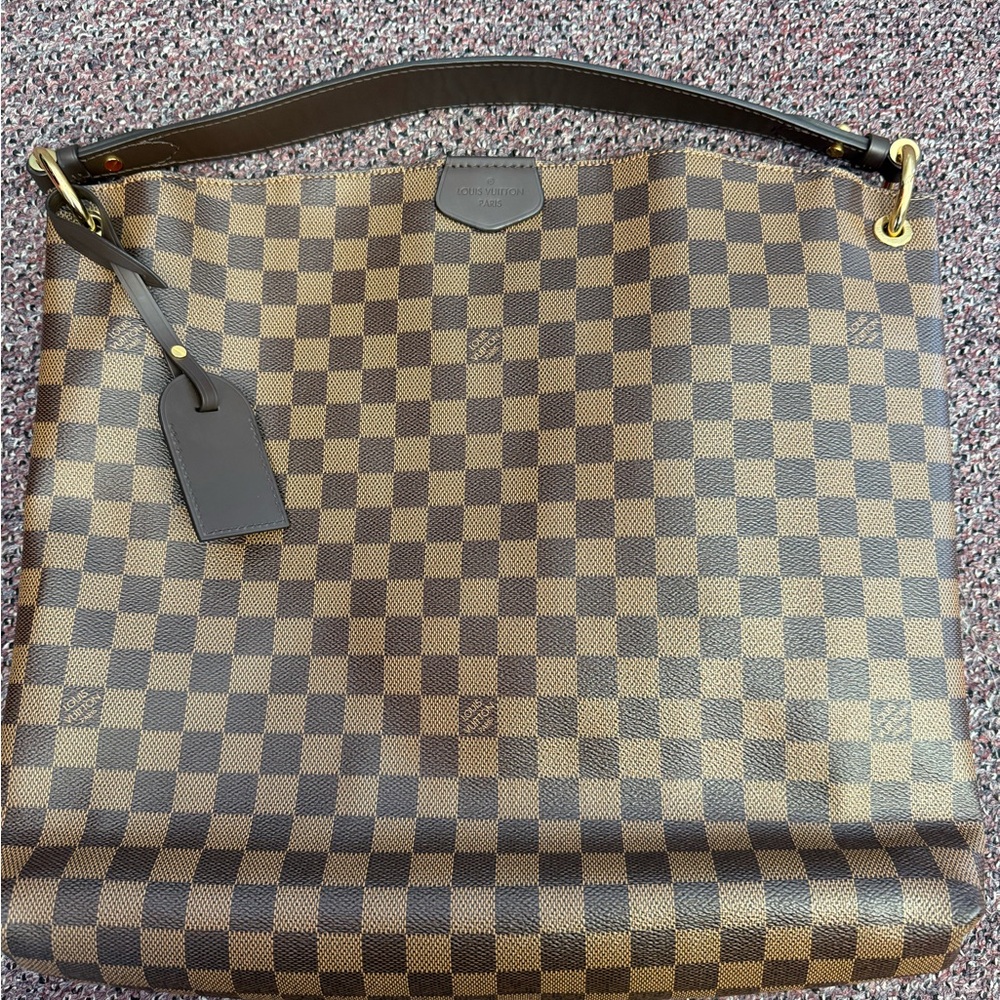 Louis Vuitton Brown Checkered Shoulder Bag with Gold Accents